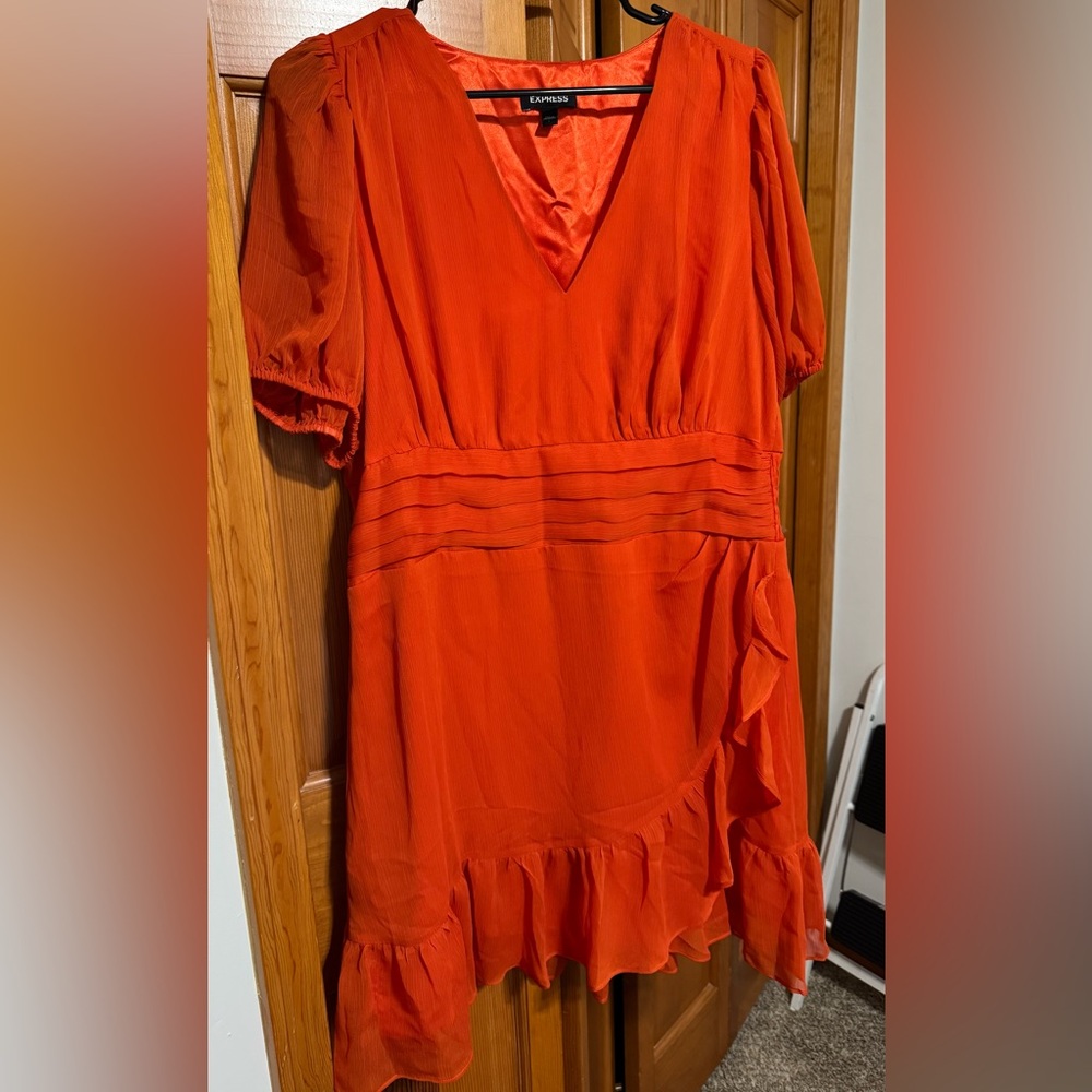 Express Orange Pleated Asymmetrical Sundress